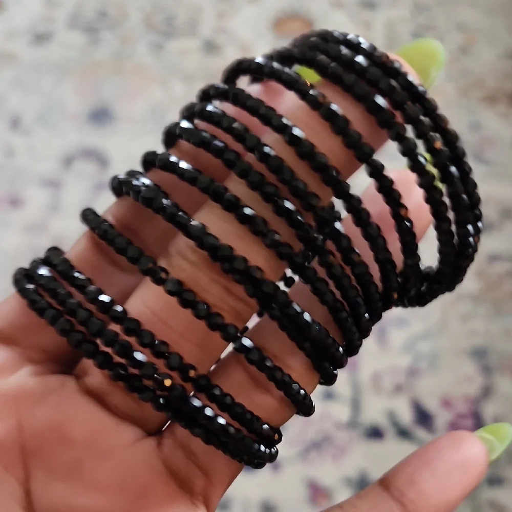 Black Beaded Multi Strand Wrap Bracelet Faceted Stretch Layered Statement